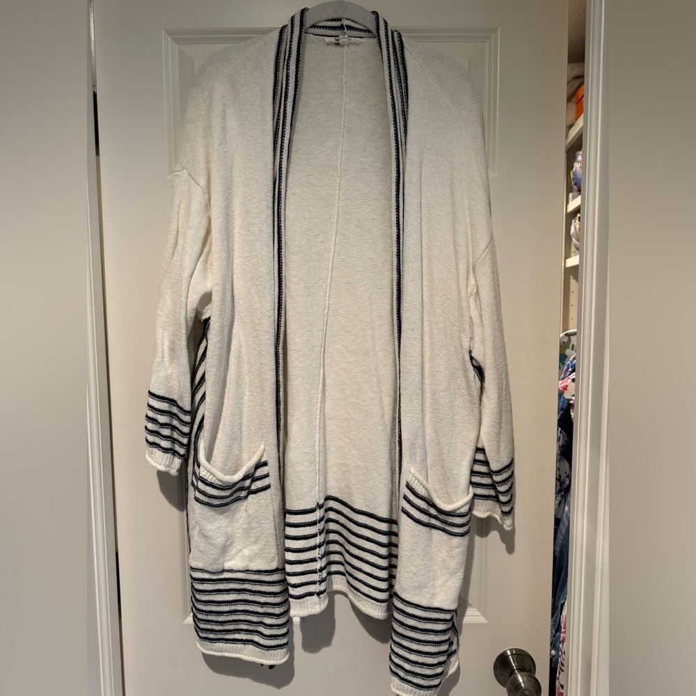 White and Black Striped Open Cardigan